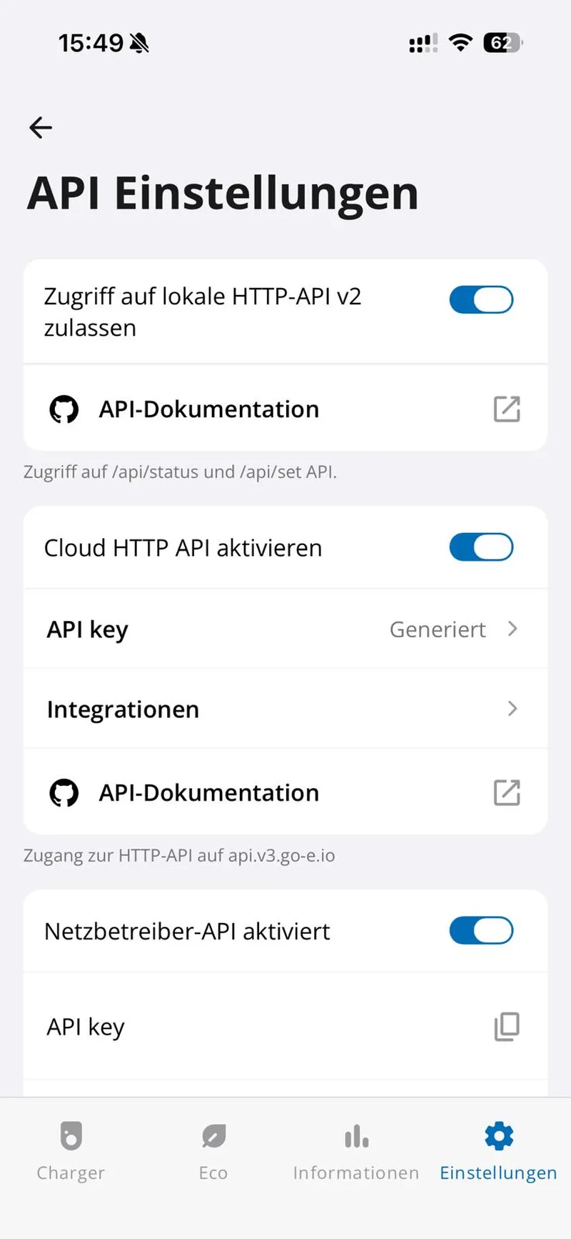 go-e App: HTTP-API Einstellungen Teil 1 — API-Schalter und Protokoll-Auswahl